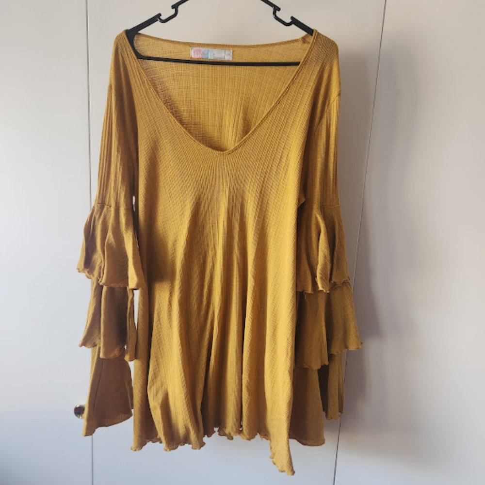 Free People Beach Vibes: Golden Mustard Ruffle Sleeves Tunic Top